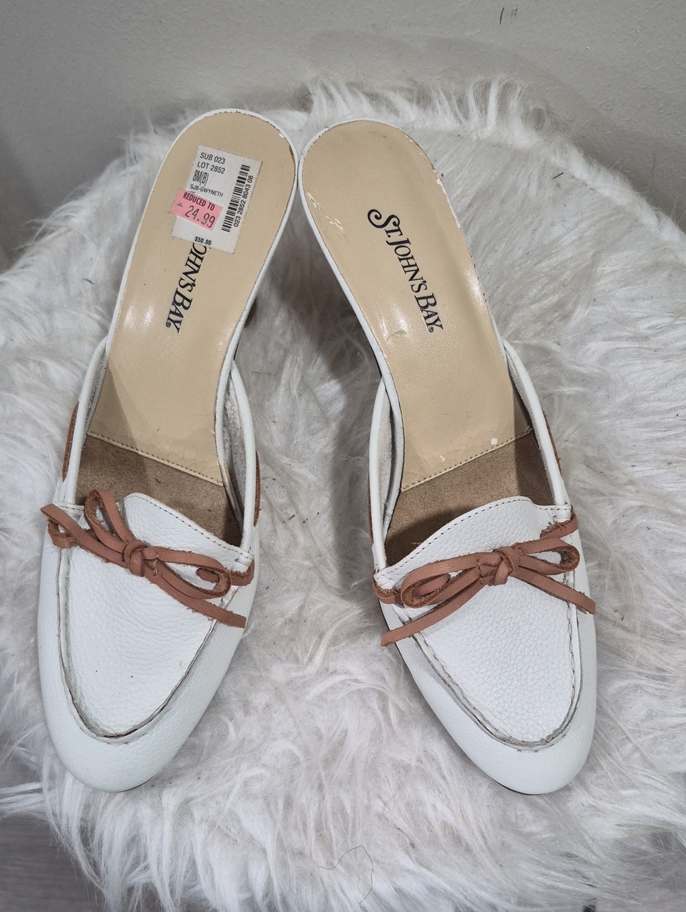 St. John's Bay White Slip-On Mules with Tan Bow Trim